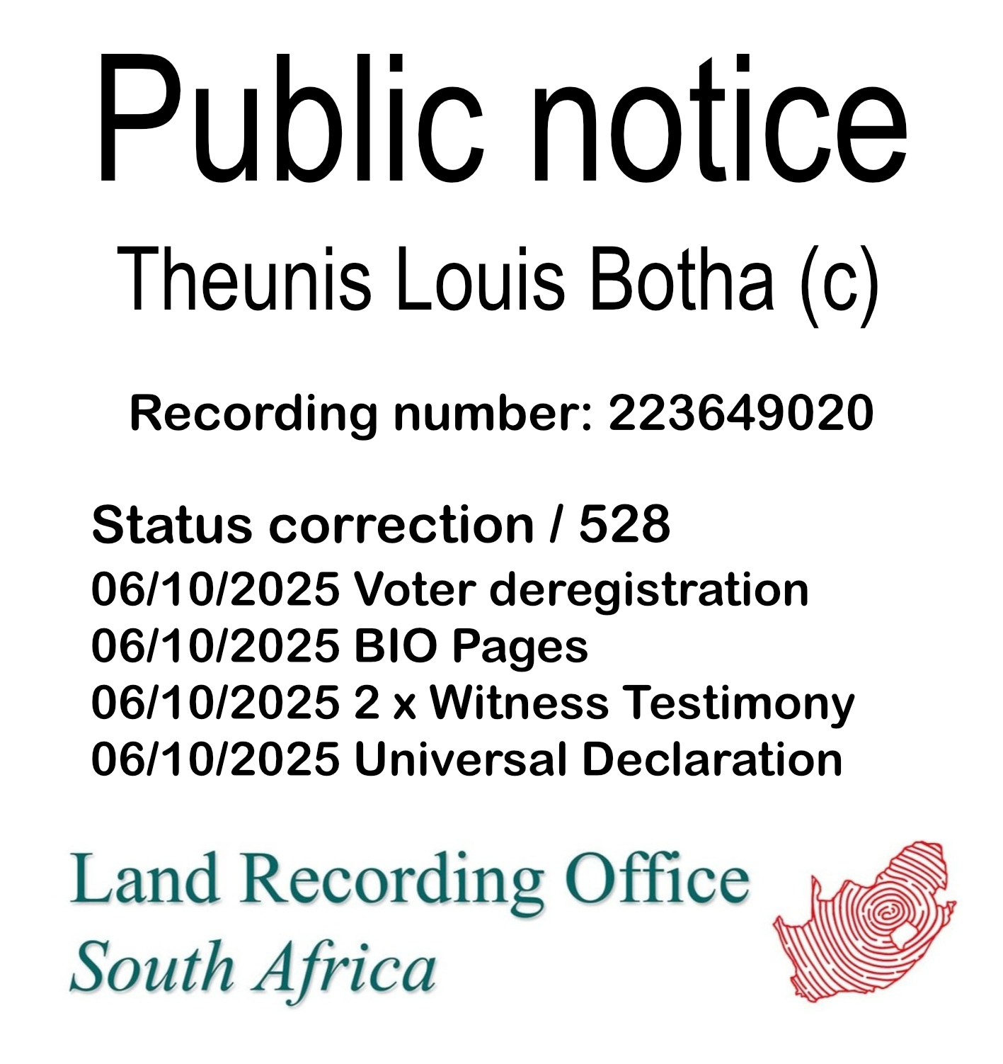 Public notice Theunis Louis Botha Recording number 223649020